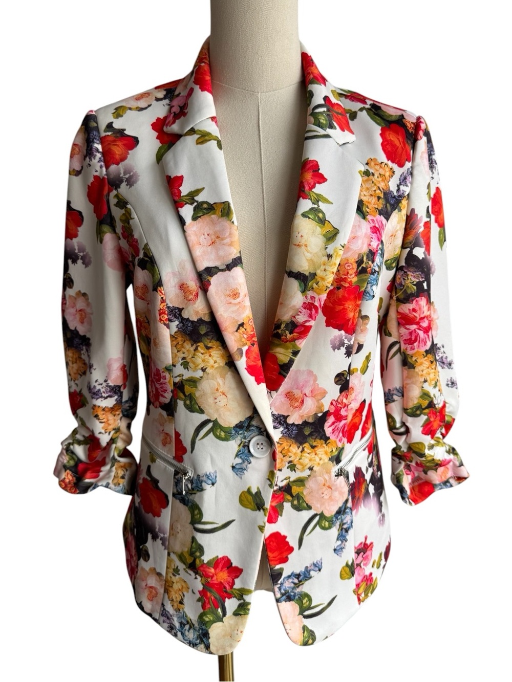 Fun Floral Print Statement Blazer Sz M Multicolour 3/4 Sleeve Spring Jacket Bold